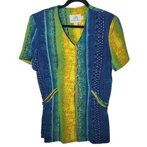 Vintage Mark Edwards Womens Multicolor Short Sleeve Top Size 12 Artsy Tribal